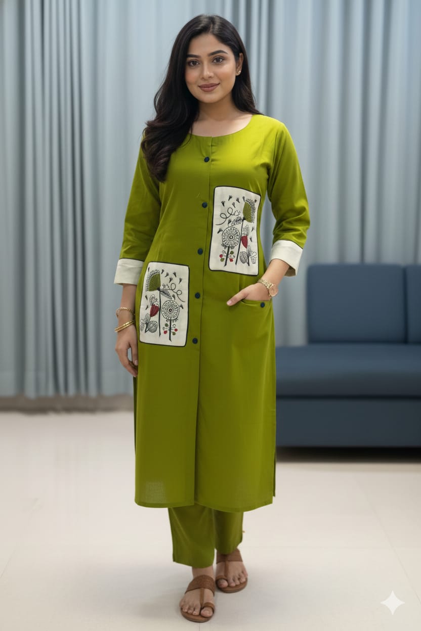 Olive Green Printed Panel Kurta Set