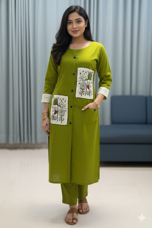 Olive Green Printed Panel Kurta Set
