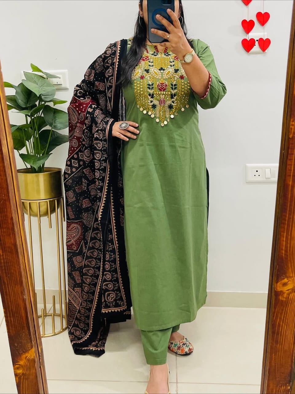 Elegant Green Embroidered Kurta Set with Premium Ajrakh Dupatta