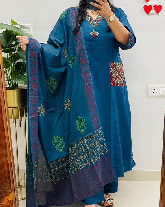 Blue Handcrafted Kurta Set with Printed Dupatta