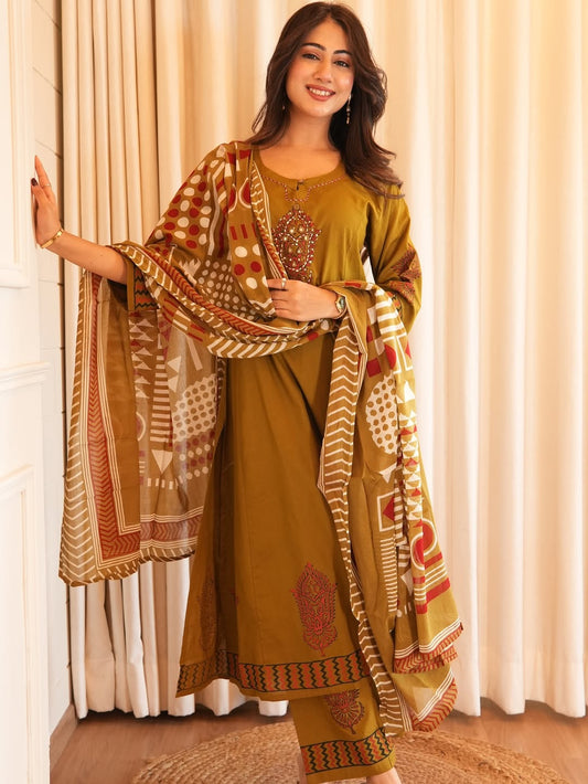 Mustard Yellow Kurta Set with Embroidered Yoke & Printed Dupatta