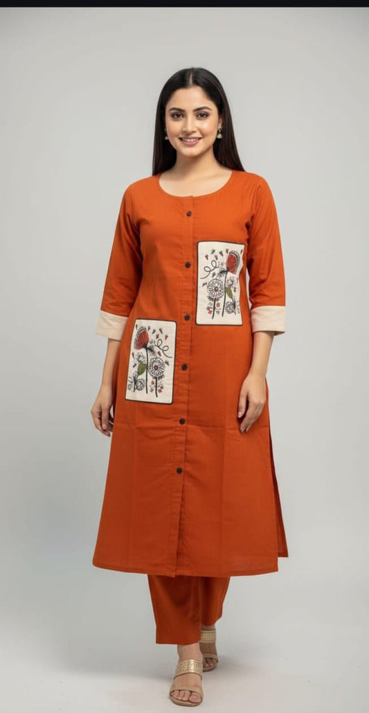 Rust Orange Kurta Set with Handcrafted Pocket Detail