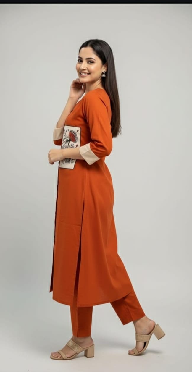 Rust Orange Kurta Set with Handcrafted Pocket Detail