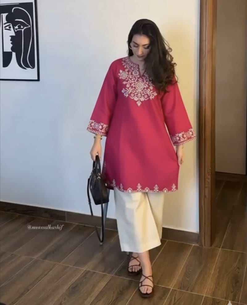 Embroidered Pink Kurta with Ivory Wide-Leg Pants