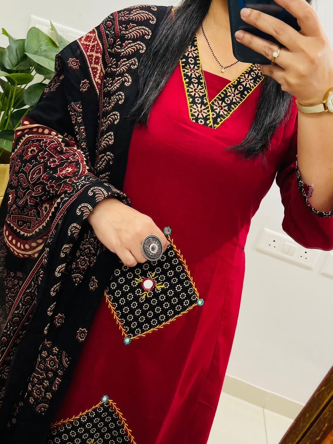 Red Kurta Set with Black Ajrakh Dupatta & Geometric Embroidery