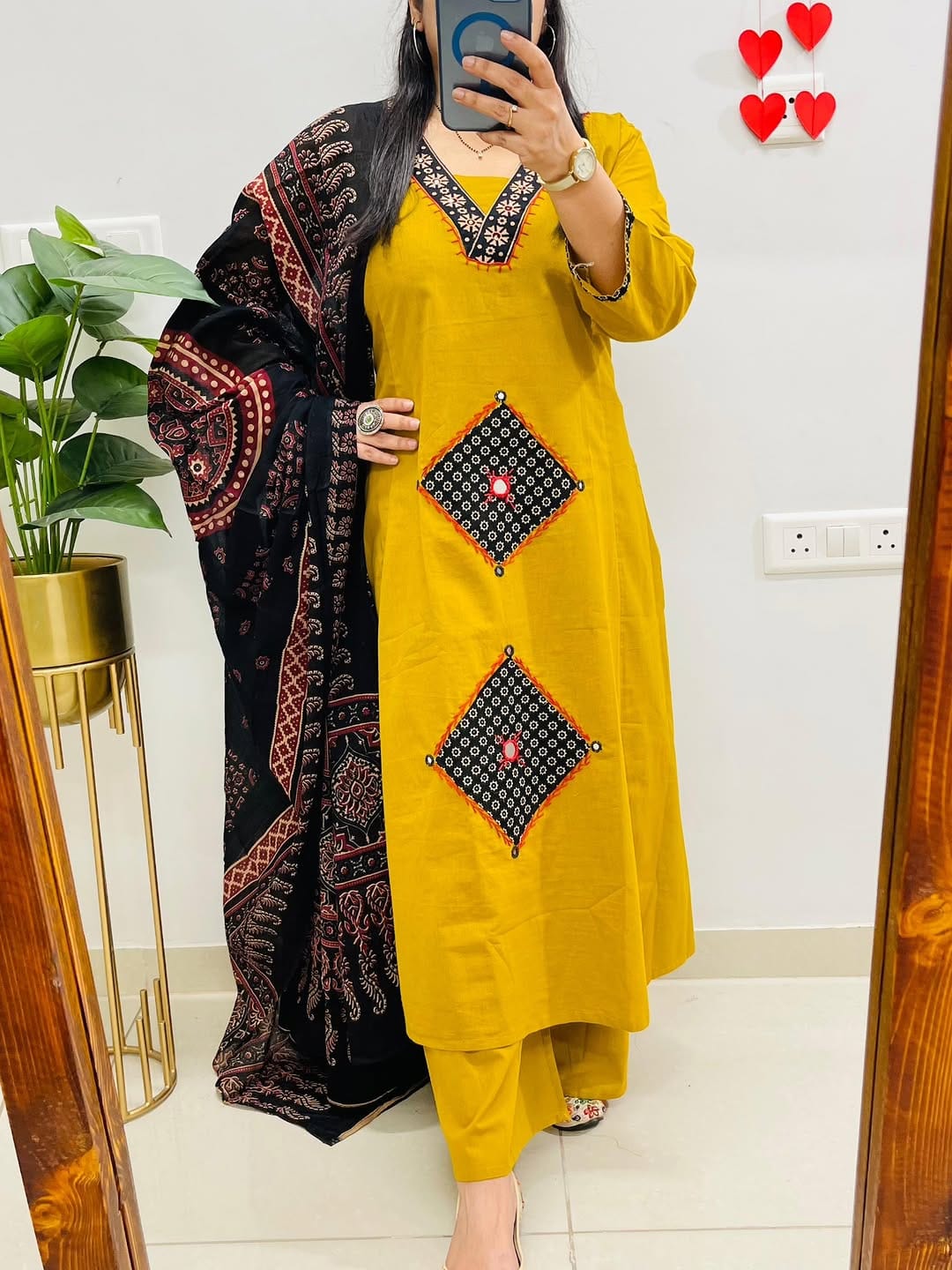 Mustard Yellow Patchwork Kurta Set with Ajrak Black Dupatta