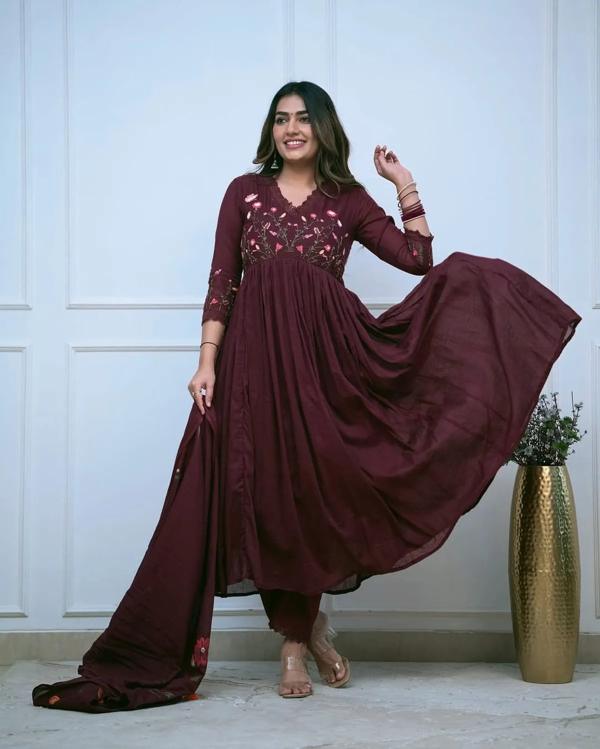 Maroon Embroidered Anarkali Kurta Set with Dupatta