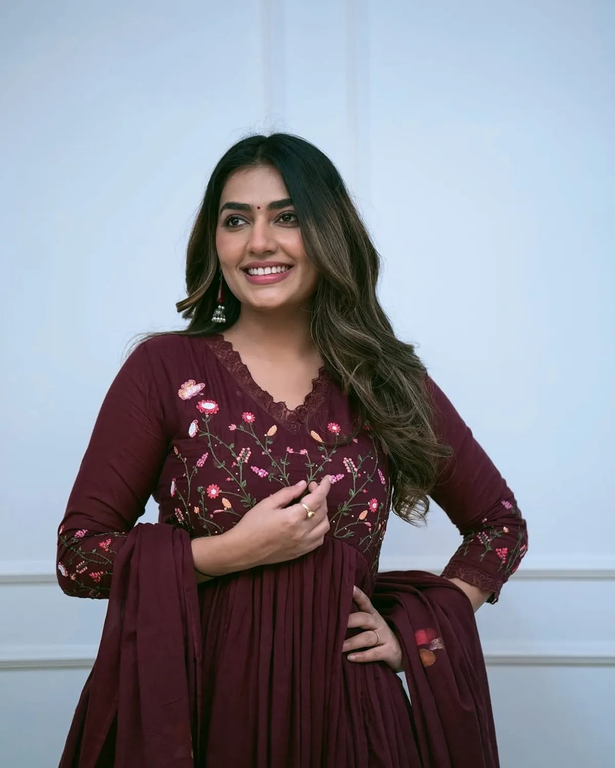 Maroon Embroidered Anarkali Kurta Set with Dupatta