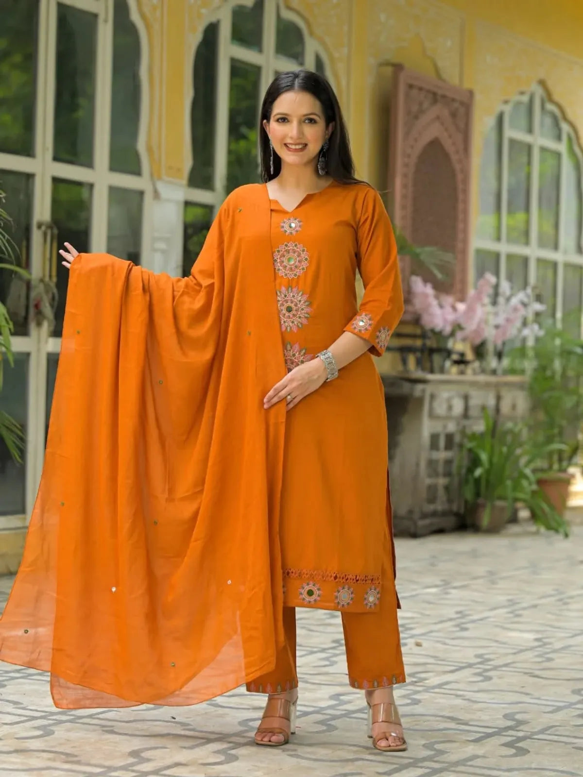 Orange Embroidered Kurta Set with Flowing Cape Dupatta