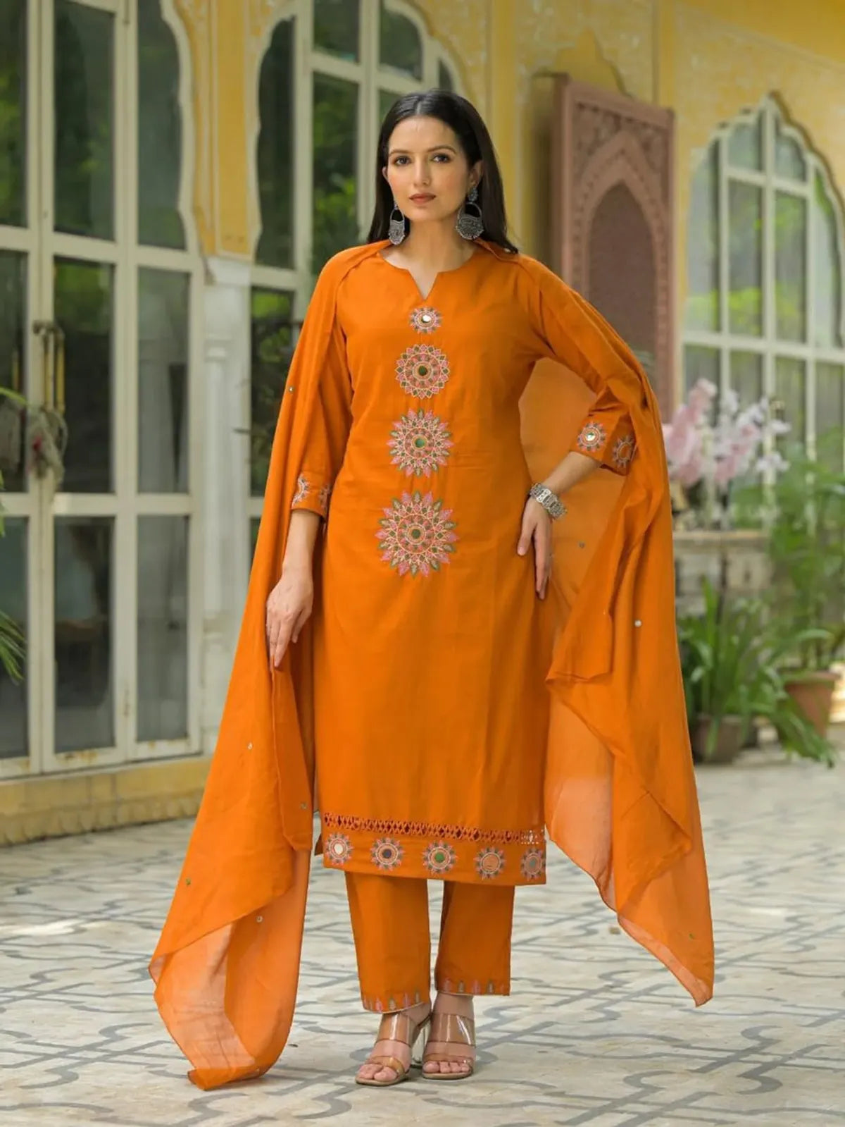 Orange Embroidered Kurta Set with Flowing Cape Dupatta