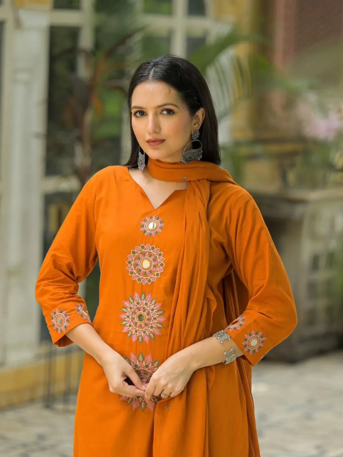 Orange Embroidered Kurta Set with Flowing Cape Dupatta