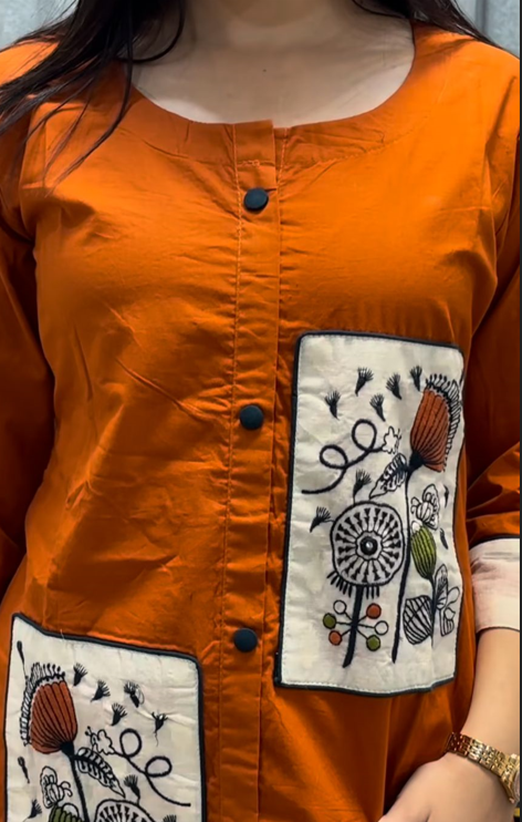 Rust Orange Kurta Set with Handcrafted Pocket Detail