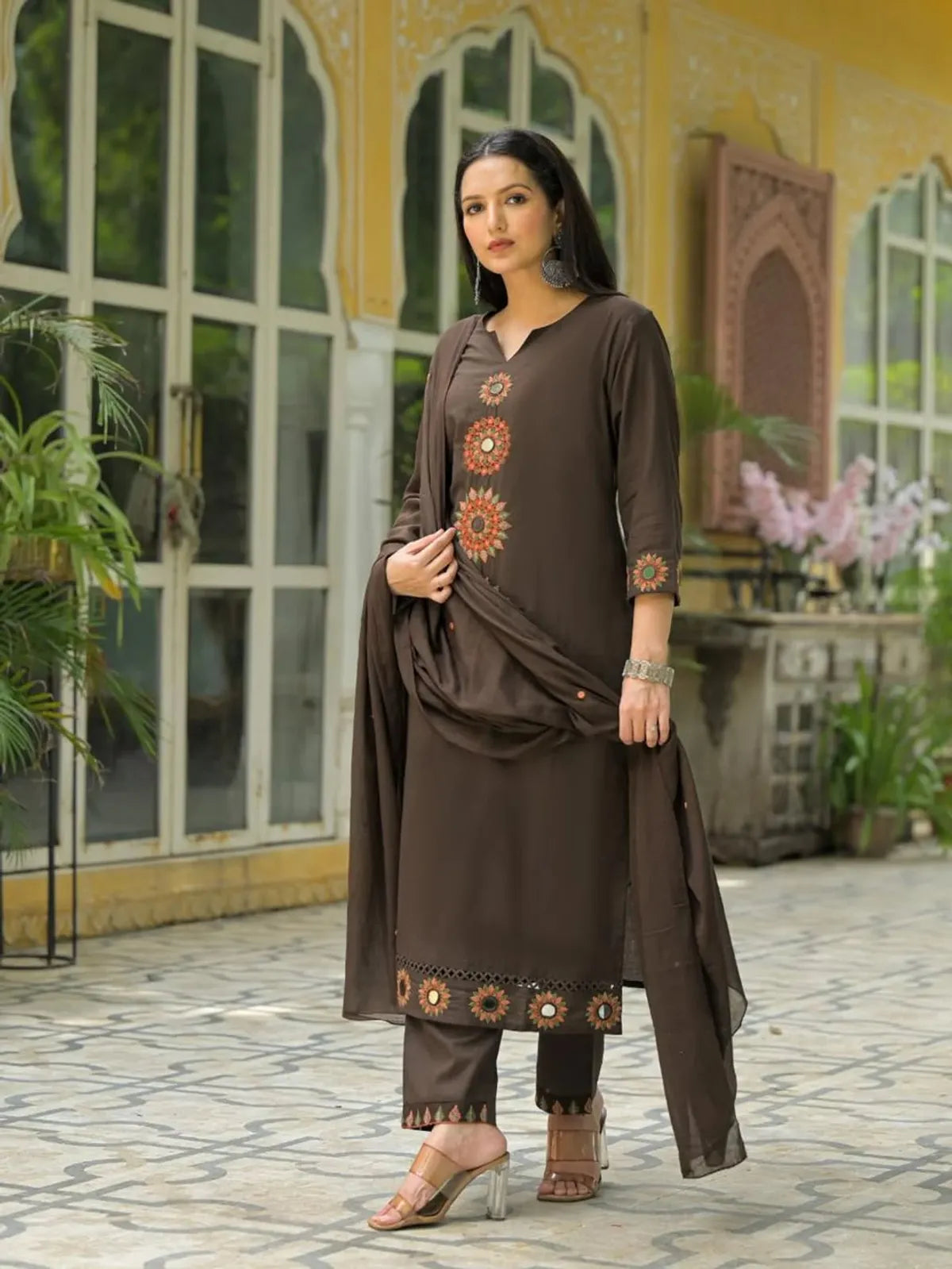 Brown Embroidered Kurta Set with Dupatta
