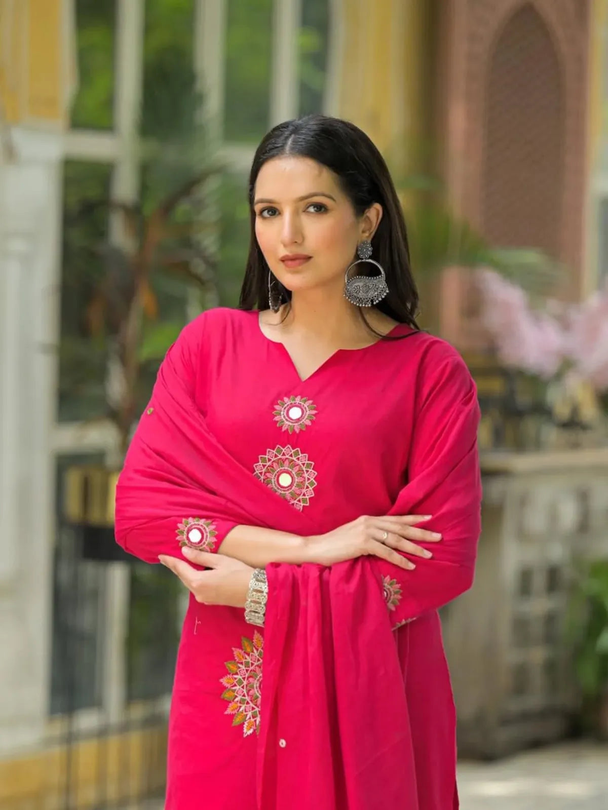 Rani Pink Embroidered Kurta Set with Sheer Cape Dupatta
