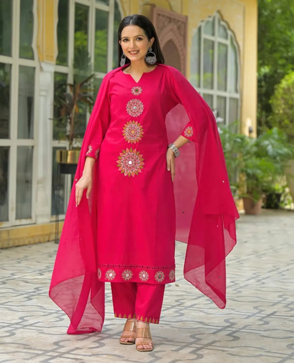 Rani Pink Embroidered Kurta Set with Sheer Cape Dupatta