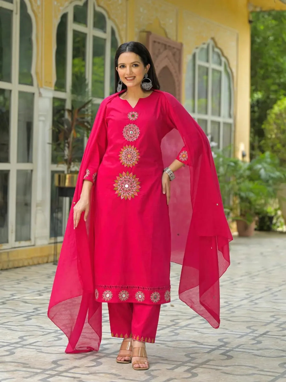 Rani Pink Embroidered Kurta Set with Sheer Cape Dupatta