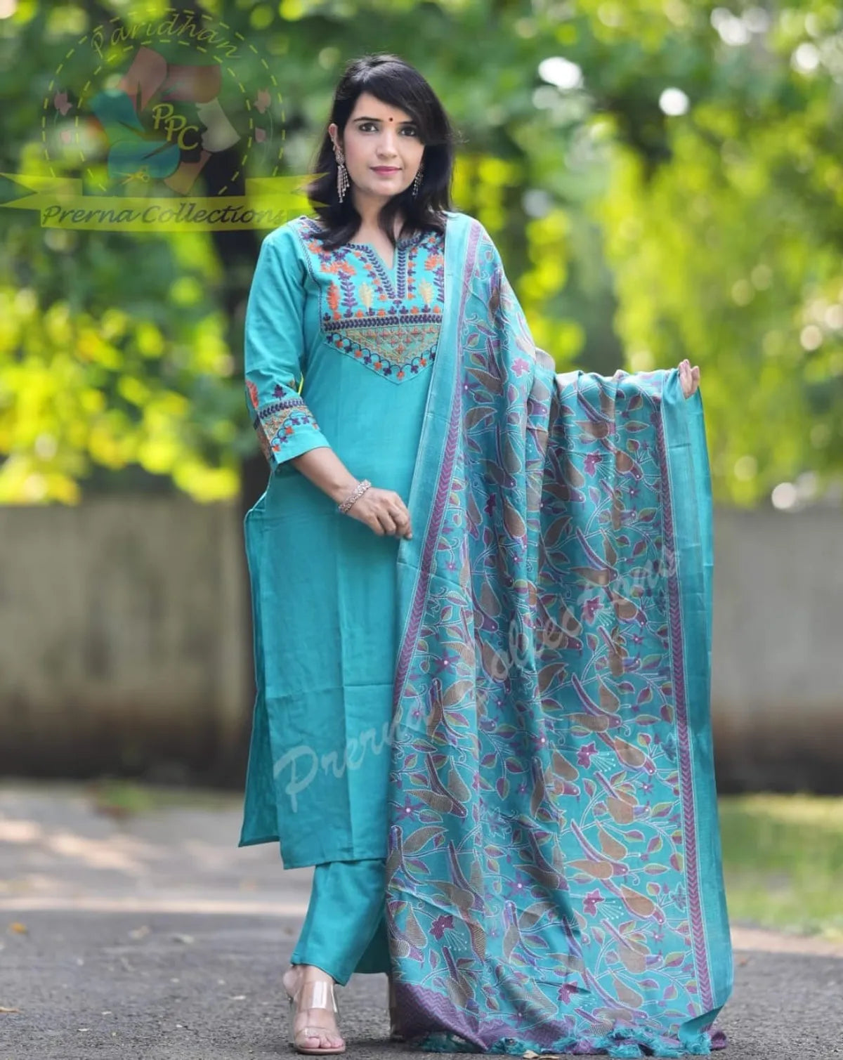 Jaipuri Turquoise Blue Embroidered Cotton Suit Set with Printed Dupatta – Elegant Ethnic Wear for Women