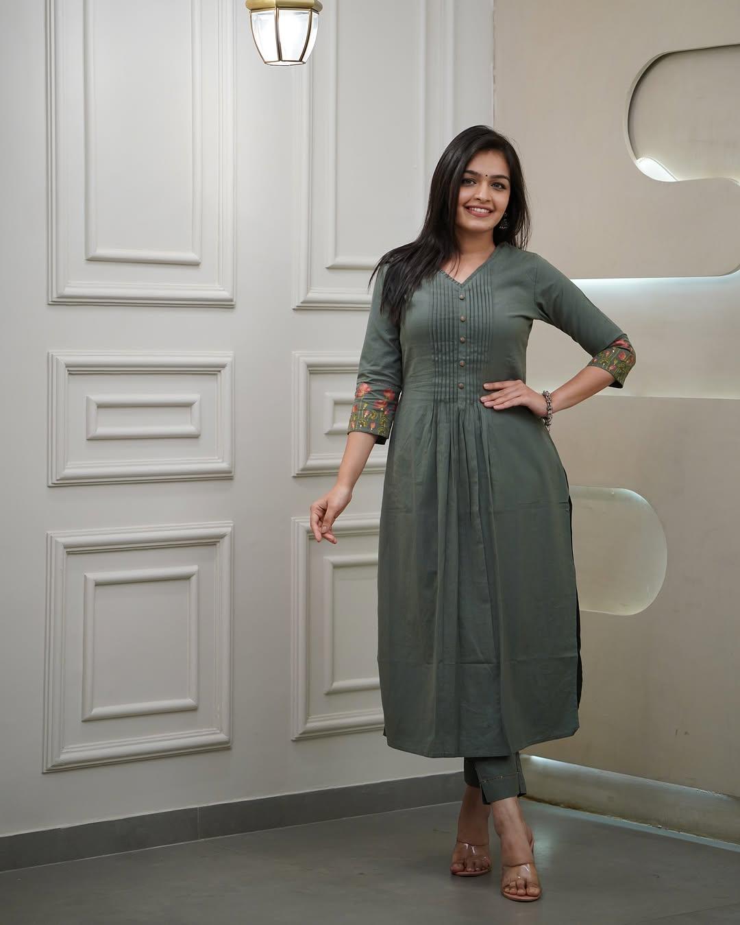 Pure Linen Cotton Pintucked Front with Embroidered Sleeves