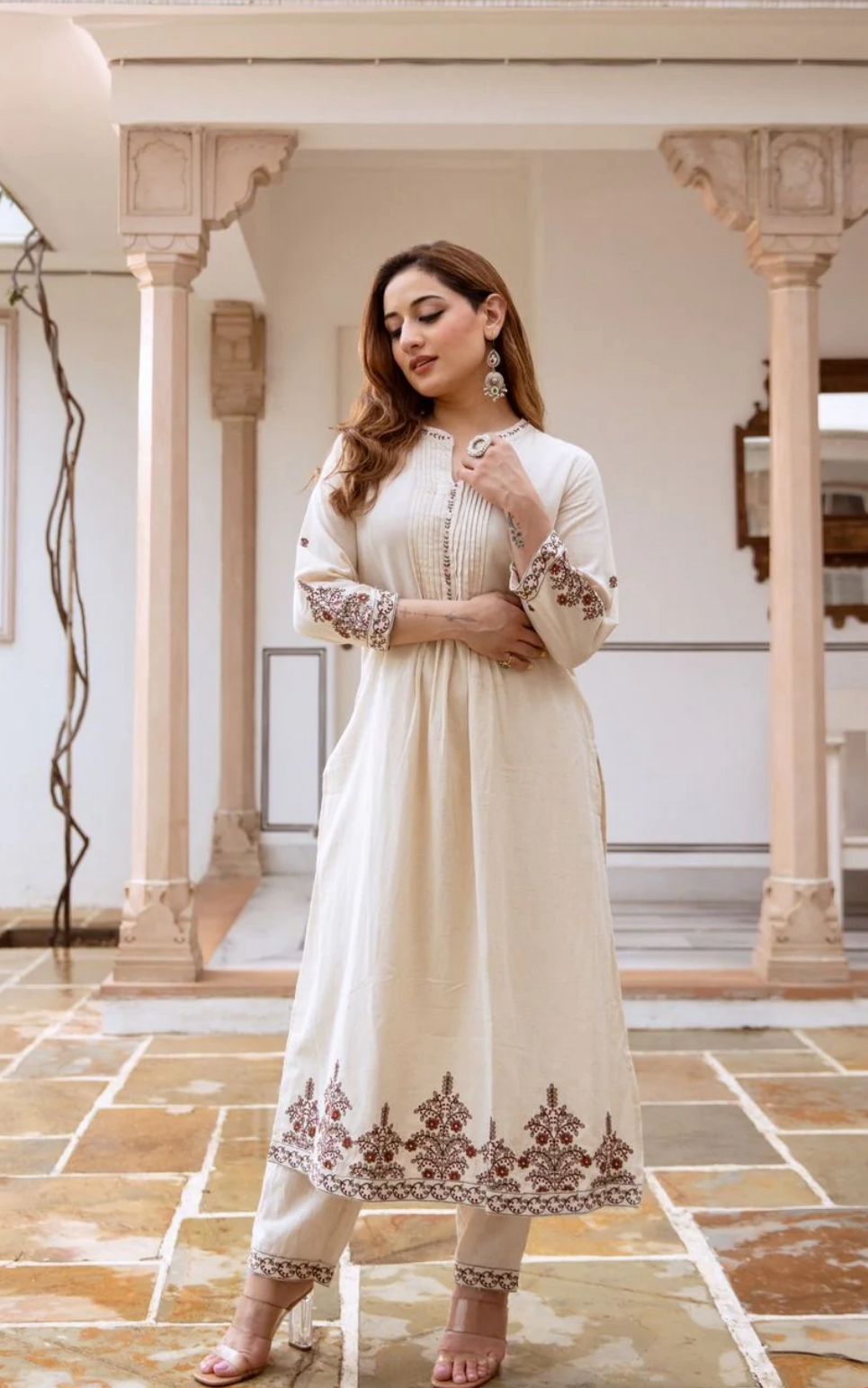 Floral Embroidered Pure Cotton A-Line Kurta With Trouser