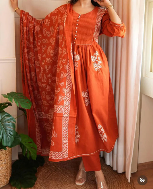 Orange Embroidered  Kurta Set with Dupatta For Woman