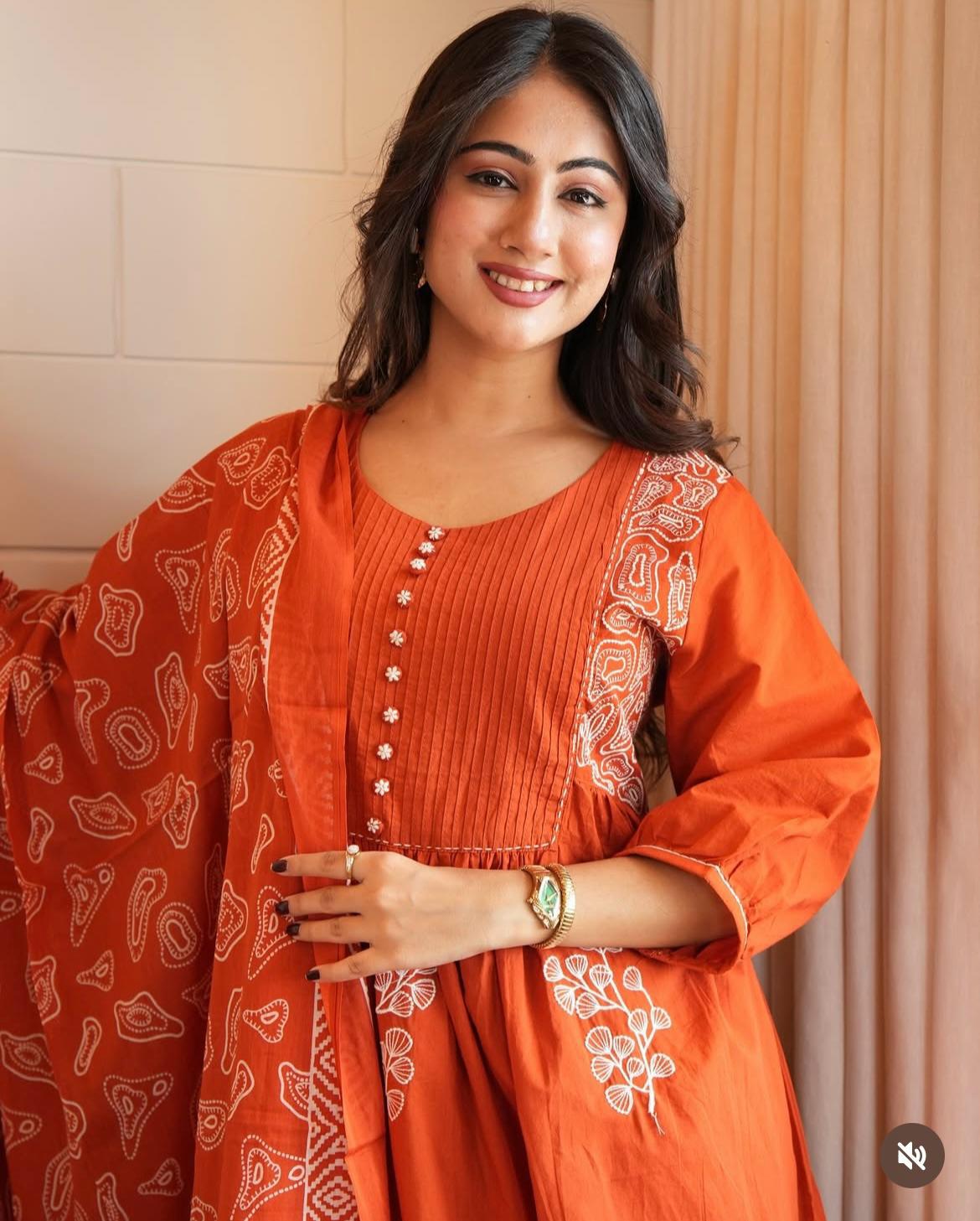 Orange Embroidered  Kurta Set with Dupatta For Woman