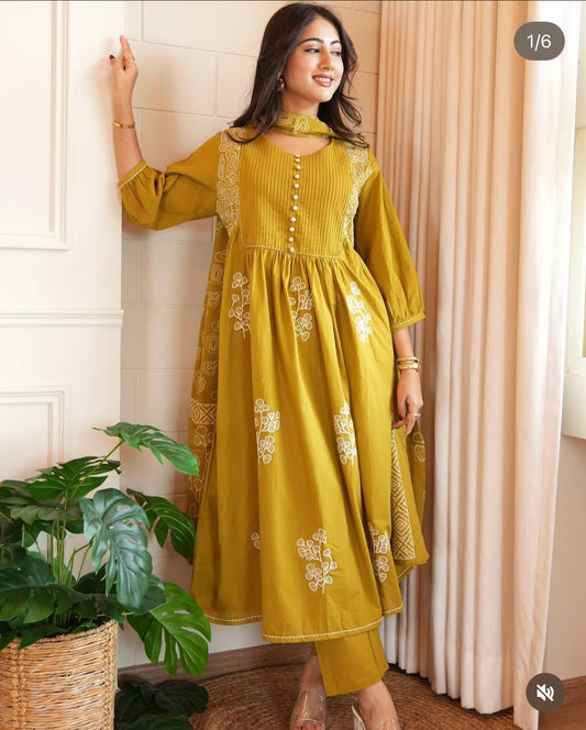 Mustard Yellow Embroidered  Kurta Set with Dupatta For Woman