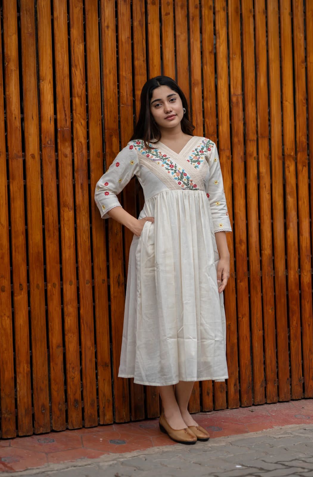Elegant Off-White Cotton A-Line Dress with Floral Embroidery – Casual Ethnic Wear