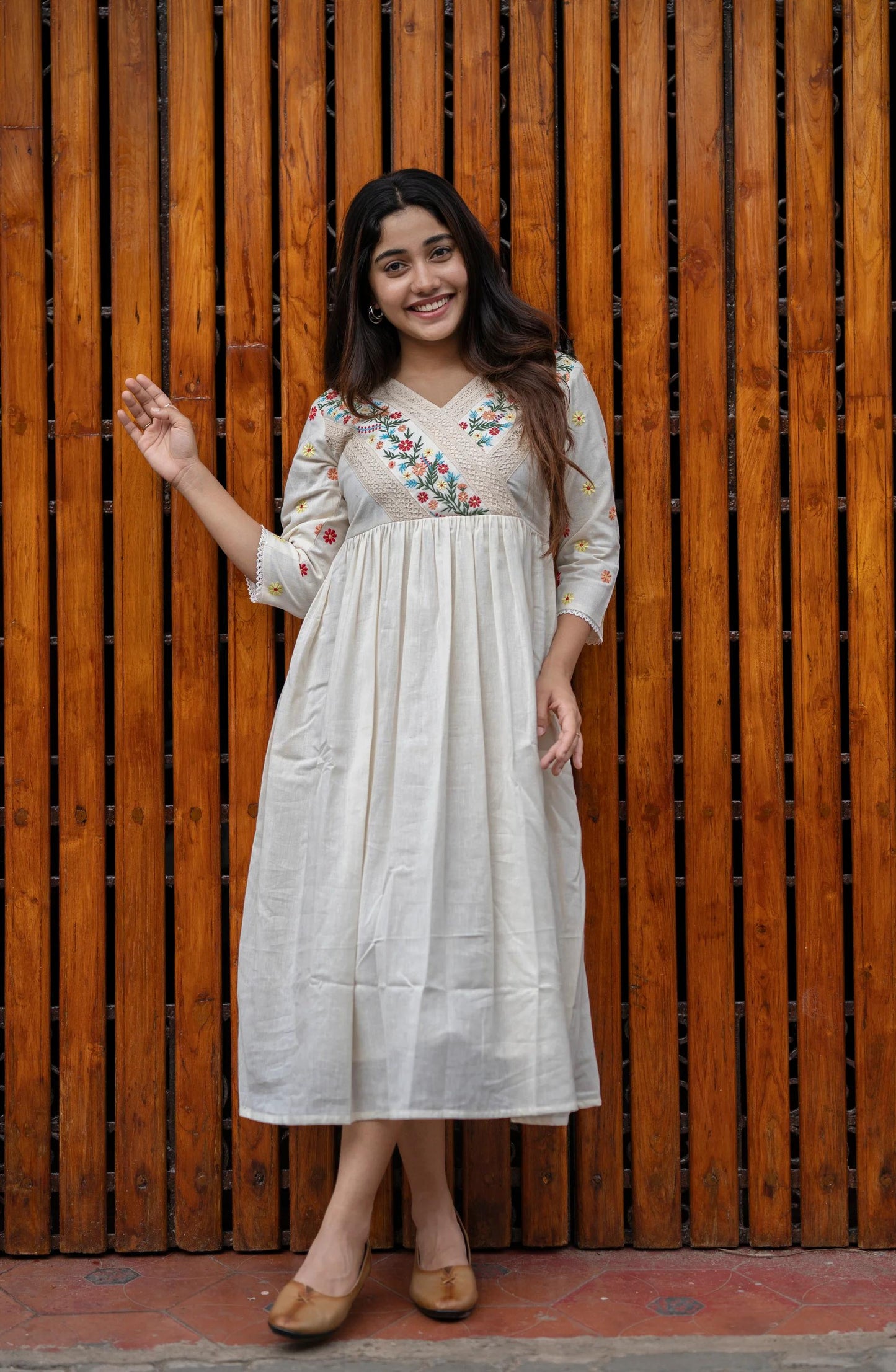 Elegant Off-White Cotton A-Line Dress with Floral Embroidery – Casual Ethnic Wear