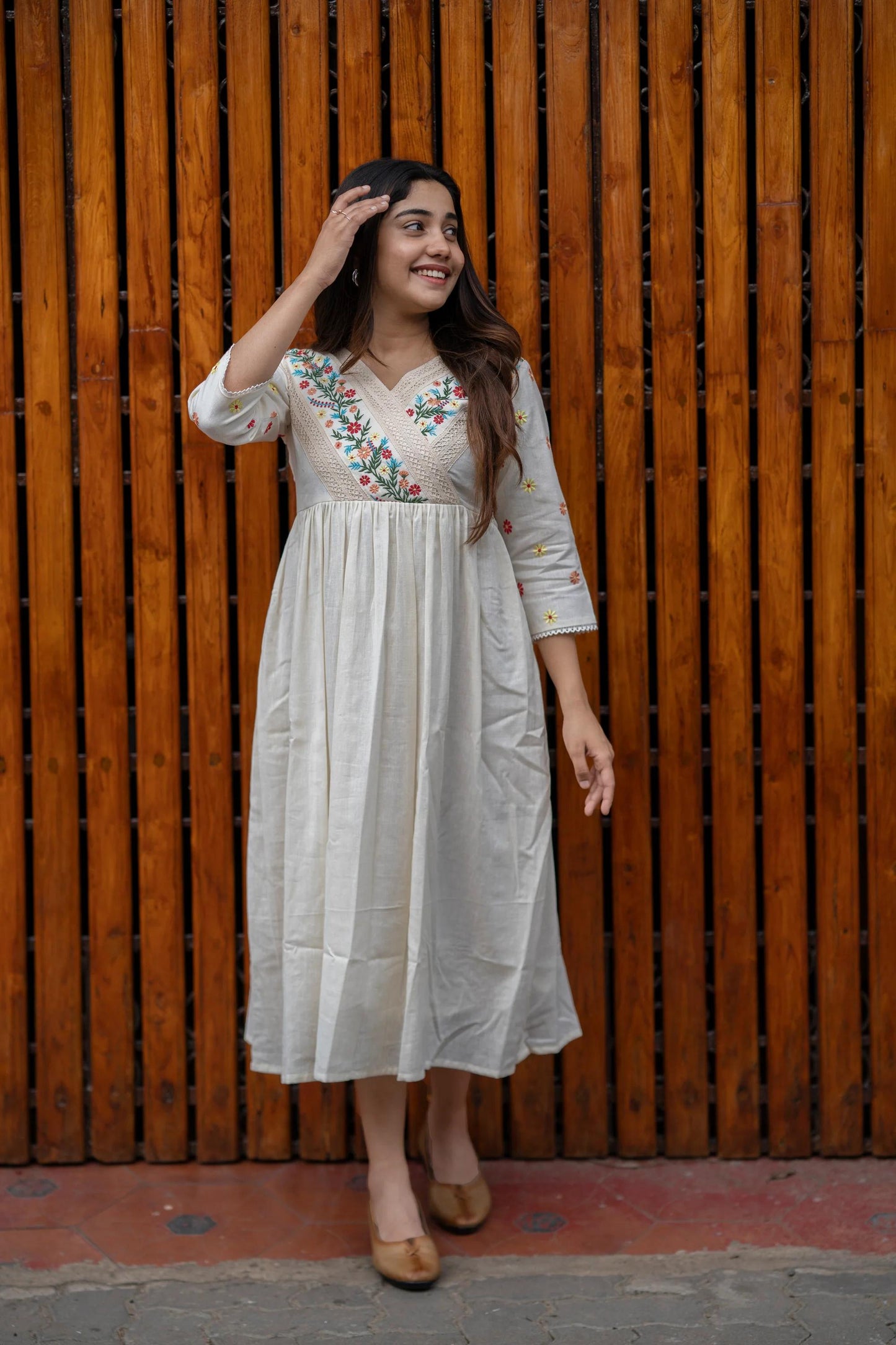 Elegant Off-White Cotton A-Line Dress with Floral Embroidery – Casual Ethnic Wear