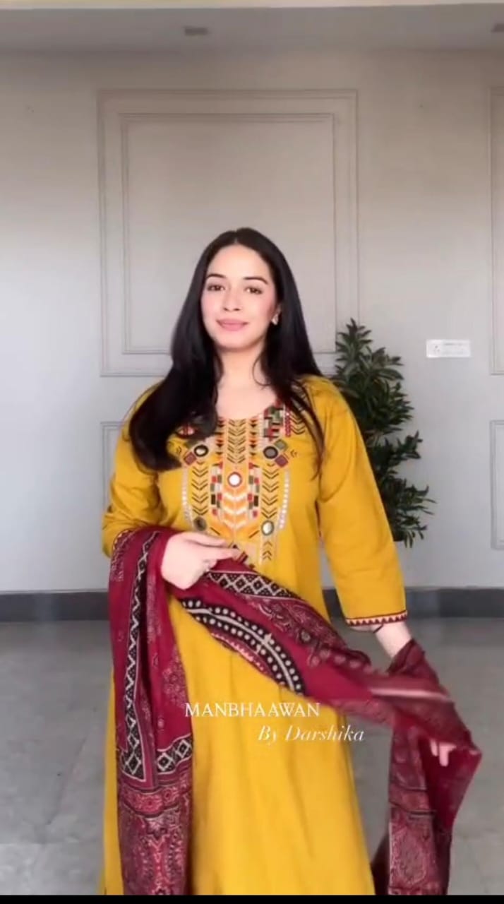 Jaipuri Mustard Yellow Hand-Embroidered Kurta Set with Ajrakh Print Dupatta