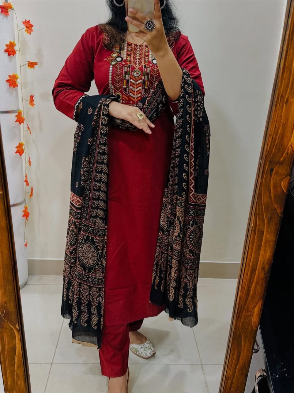 Jaipuri Red Hand-Embroidered Kurta Set with Ajrakh Print Dupatta