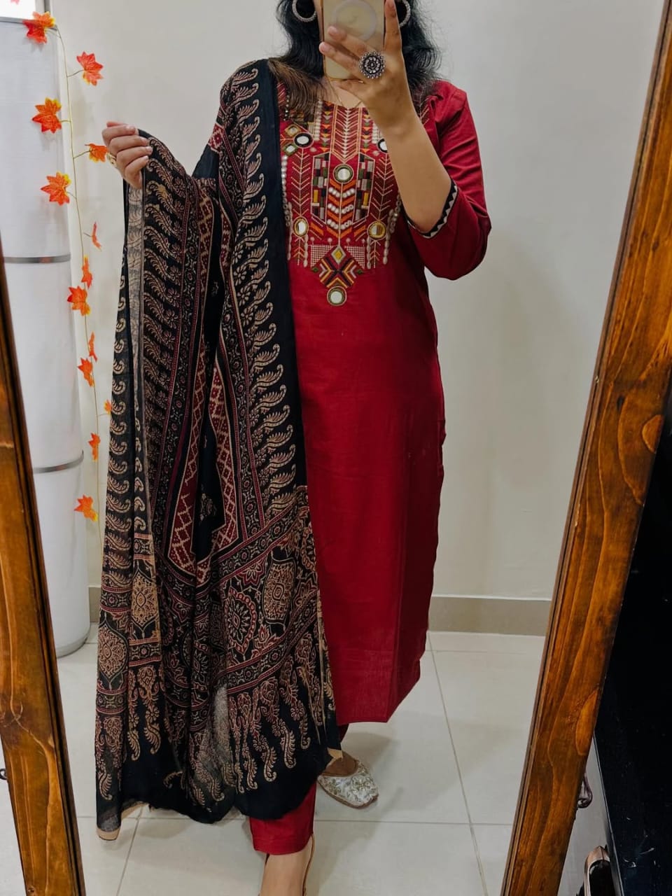 Jaipuri Red Hand-Embroidered Kurta Set with Ajrakh Print Dupatta