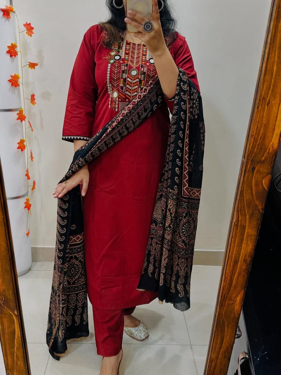 Jaipuri Red Hand-Embroidered Kurta Set with Ajrakh Print Dupatta