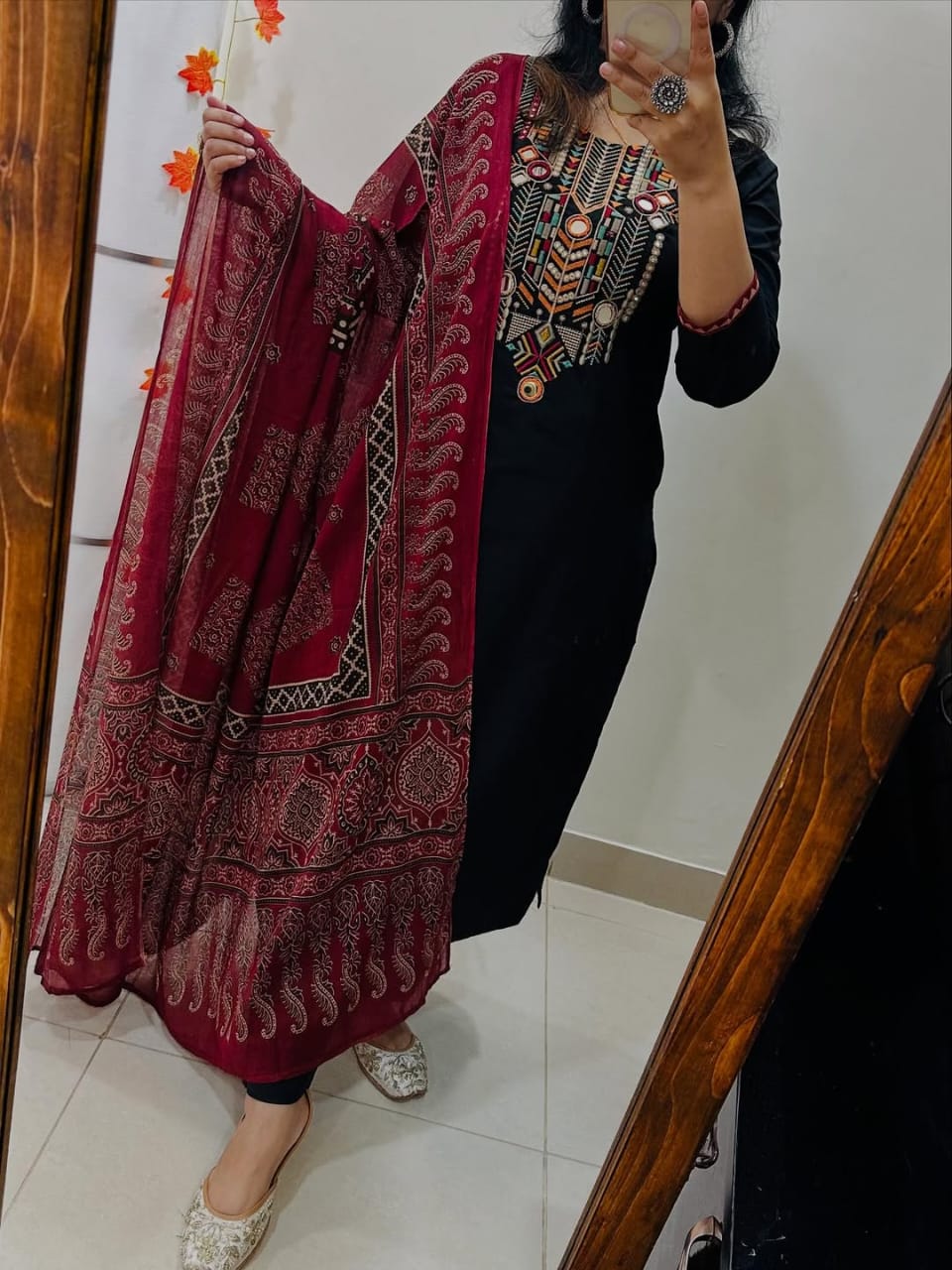 Jaipuri Black Hand-Embroidered Kurta Set with Ajrakh Print Dupatta