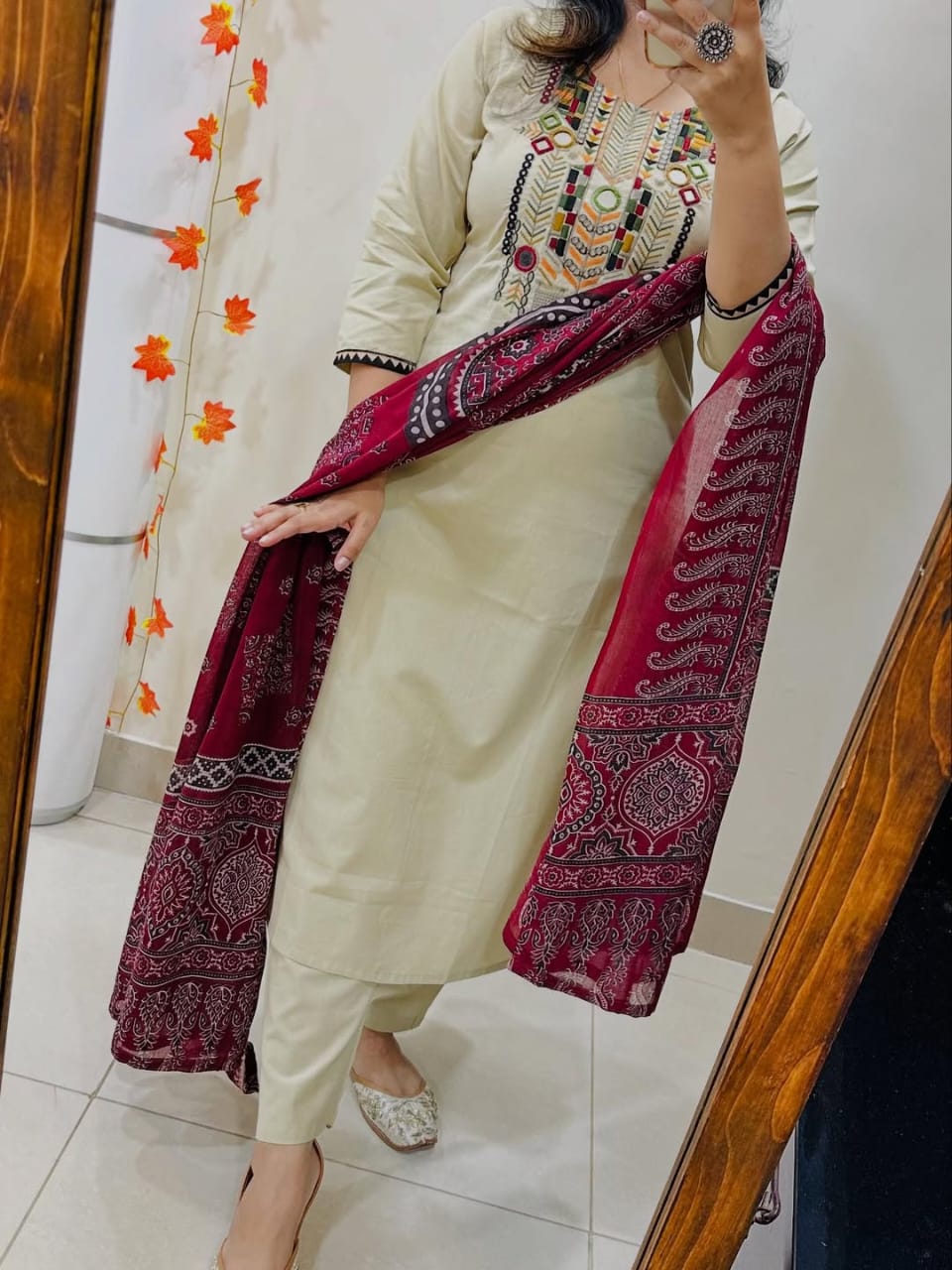 Jaipuri White Hand-Embroidered Kurta Set with Ajrakh Print Dupatta