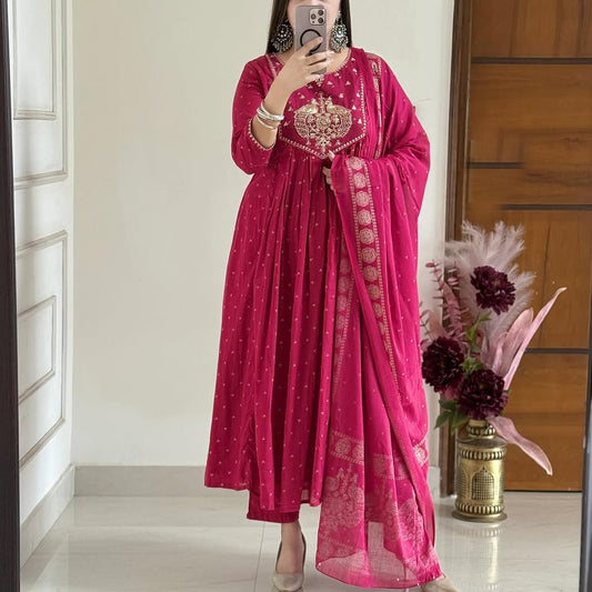 Jaipuri Pink Anarkali Kurta Set with Intricate Cream Embroidery & Dupatta