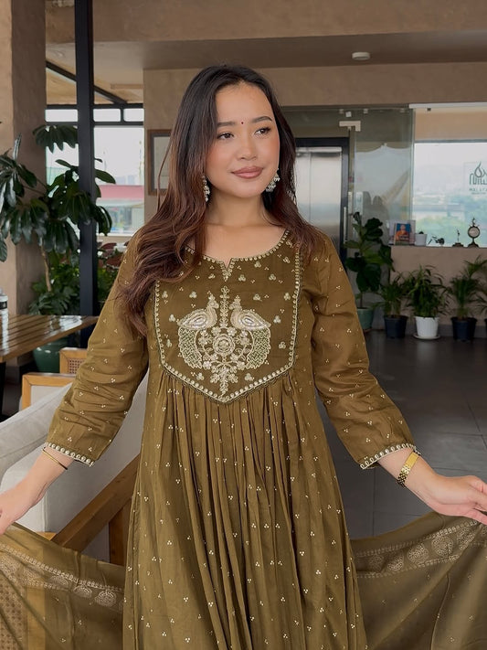 Jaipuri Brown Anarkali Kurta Set with Intricate Cream Embroidery & Dupatta