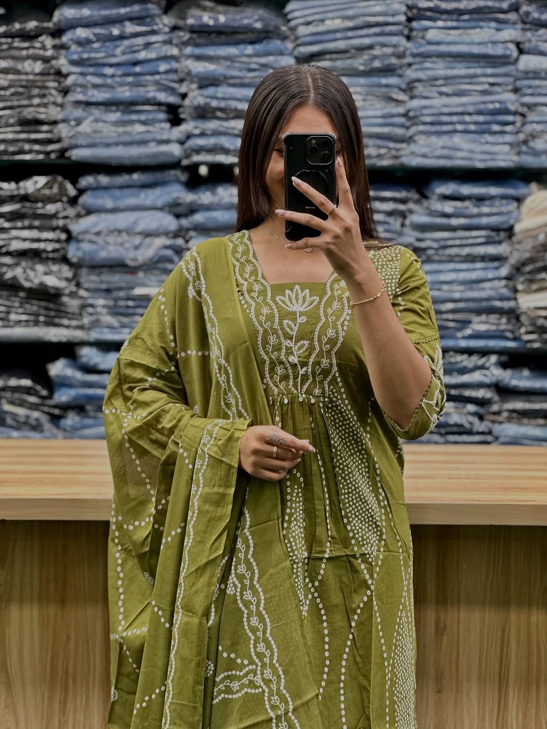 Light Green  Bandhani Cotton Suit Set with Dupatta