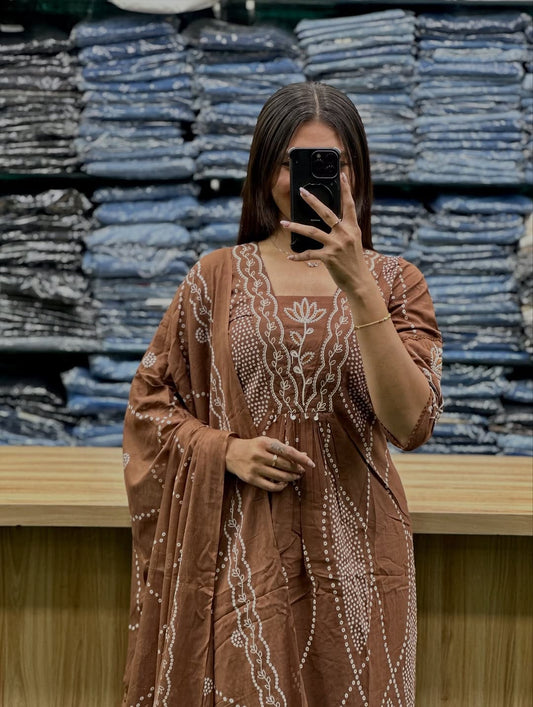 Brown Bandhani Cotton Suit Set with Dupatta