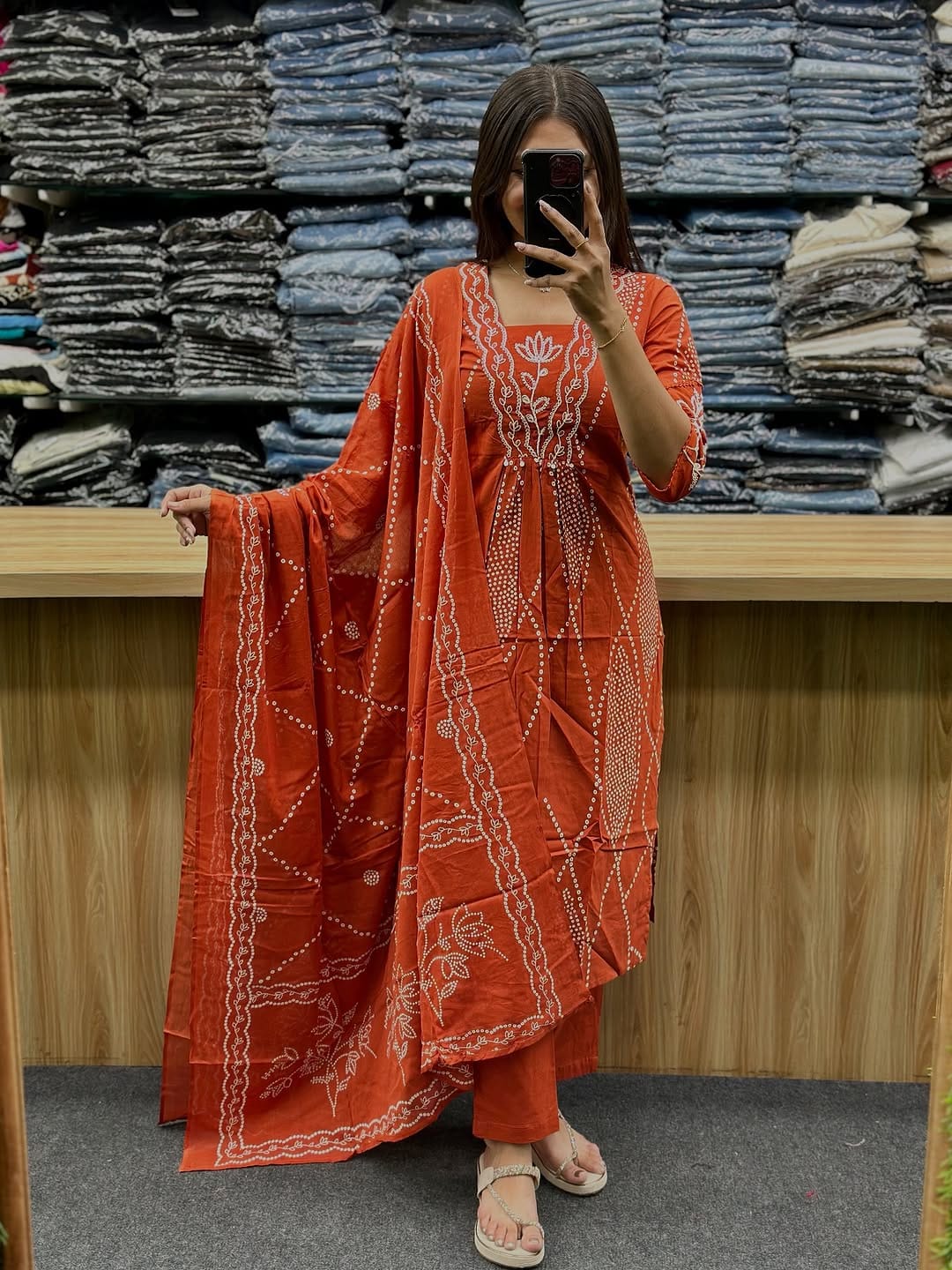 Rust Orange Bandhani Cotton Suit Set with Dupatta