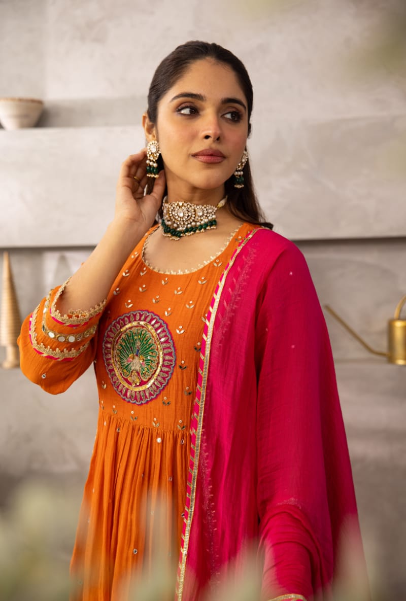 Radiant Orange Anarkali Set with Pink Dupatta