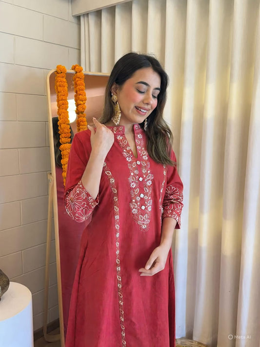 Elegant Red Hand-Embroidered Kurta Set for Festive Occasions