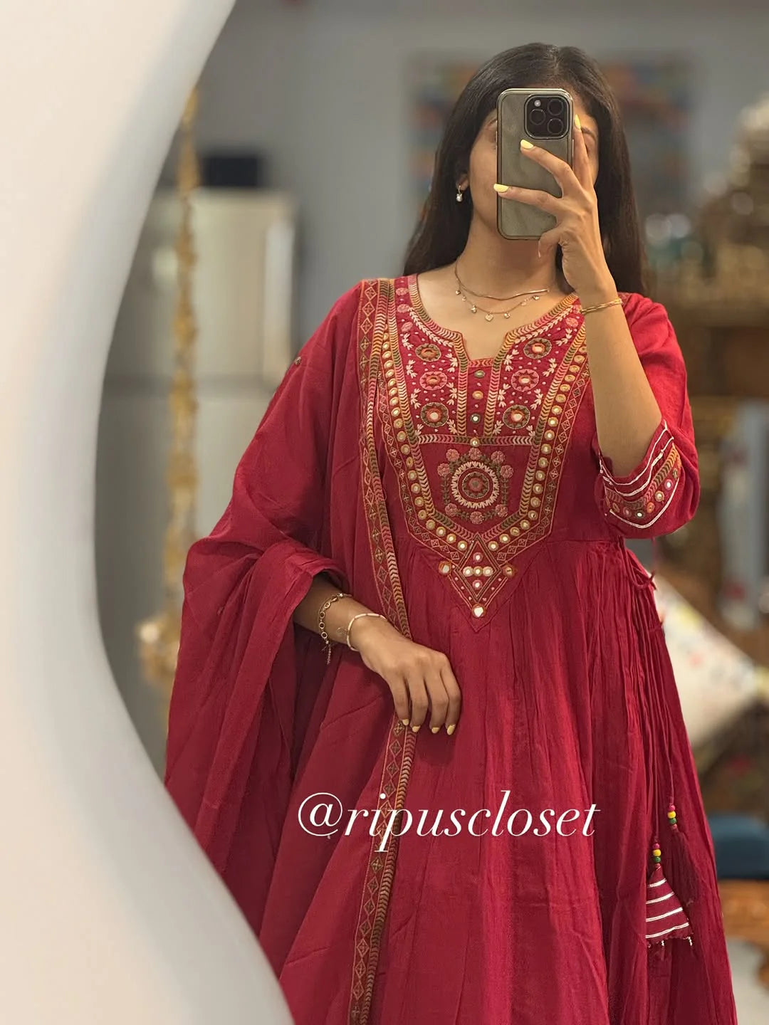 Maroon Mirror-Work Anarkali Kurta Set with Dupatta
