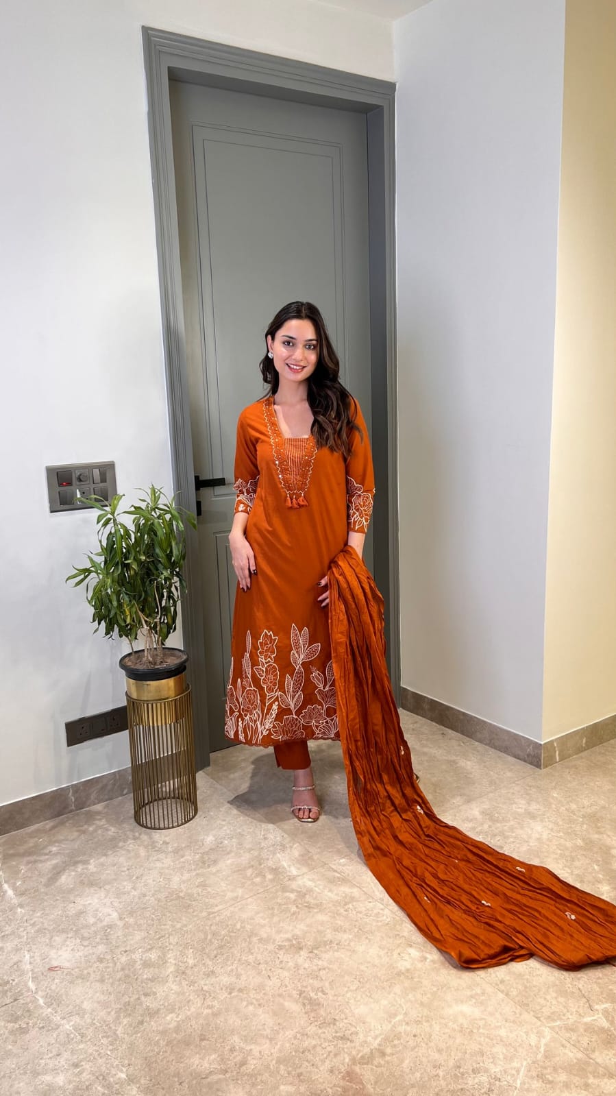 Rust Orange Embroidered Three-Piece Suit