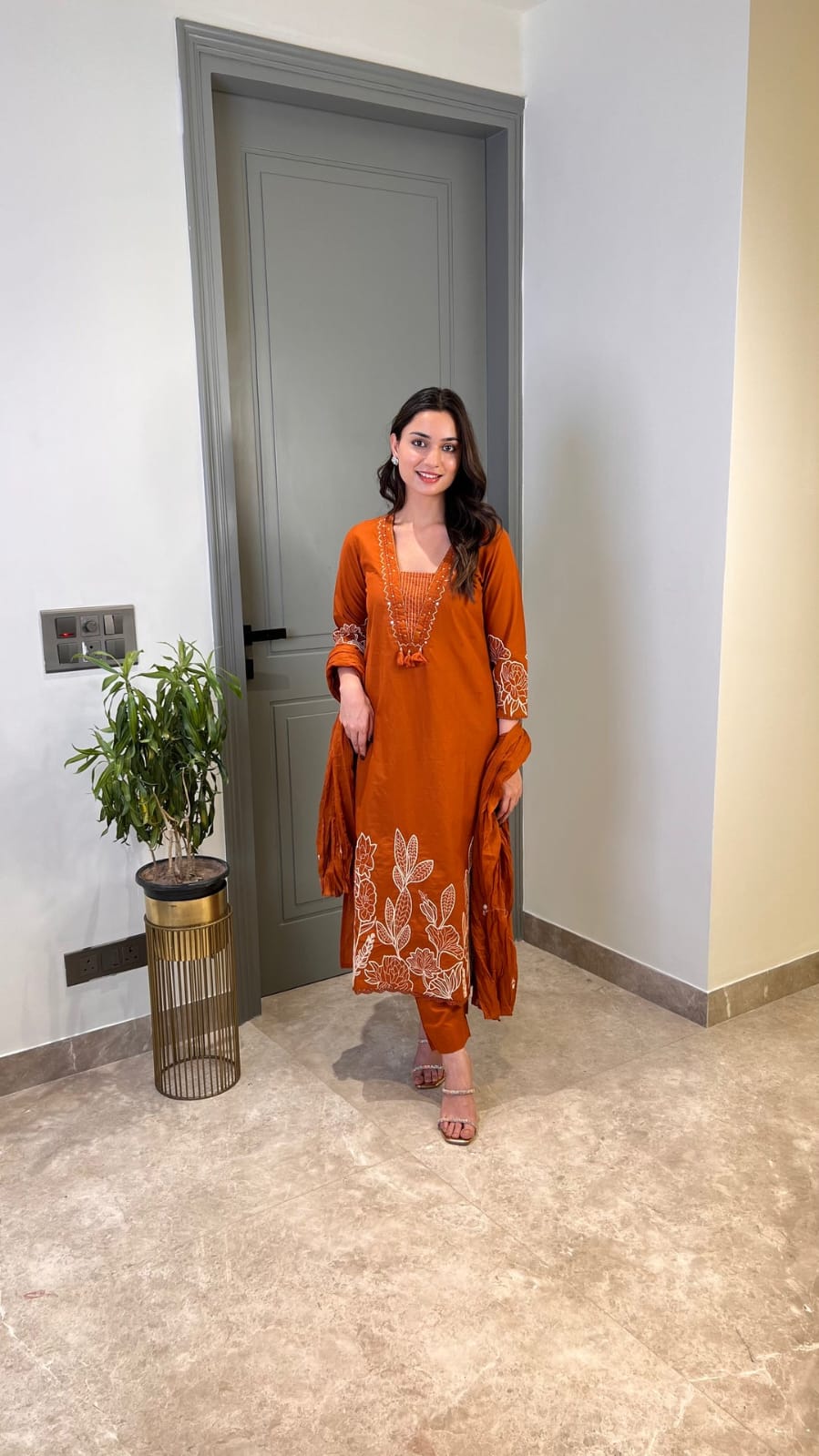 Rust Orange Embroidered Three-Piece Suit