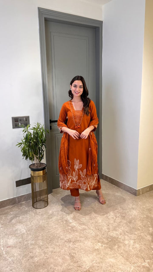 Rust Orange Embroidered Three-Piece Suit