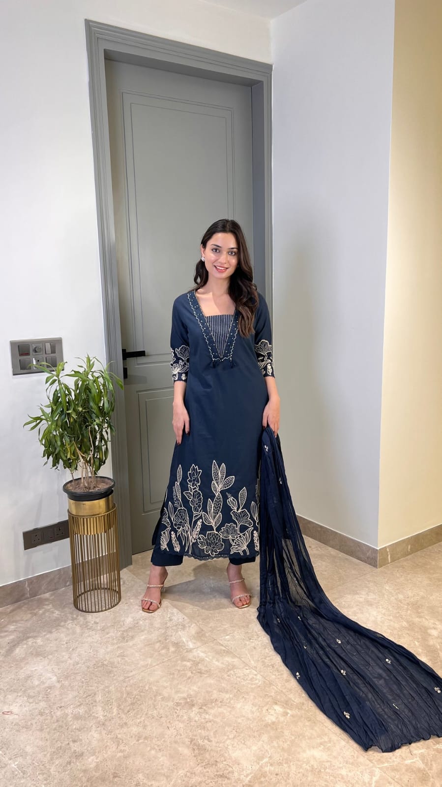 Navy Blue Embroidered Three-Piece Suit