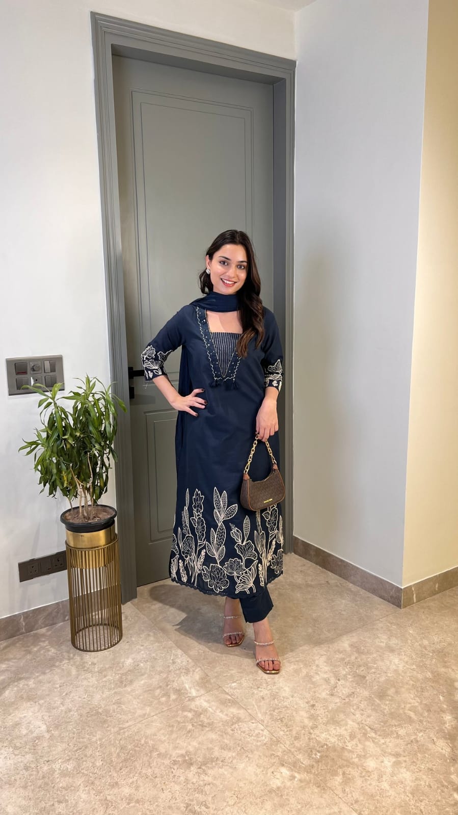 Navy Blue Embroidered Three-Piece Suit