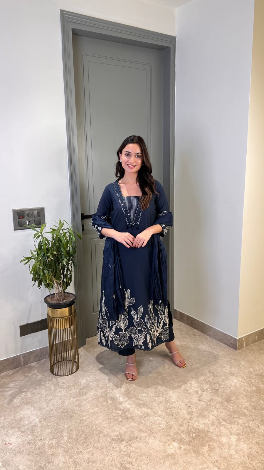 Navy Blue Embroidered Three-Piece Suit