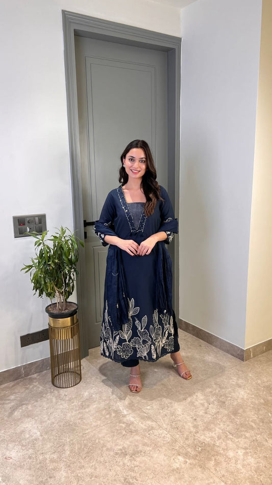 Navy Blue Embroidered Three-Piece Suit